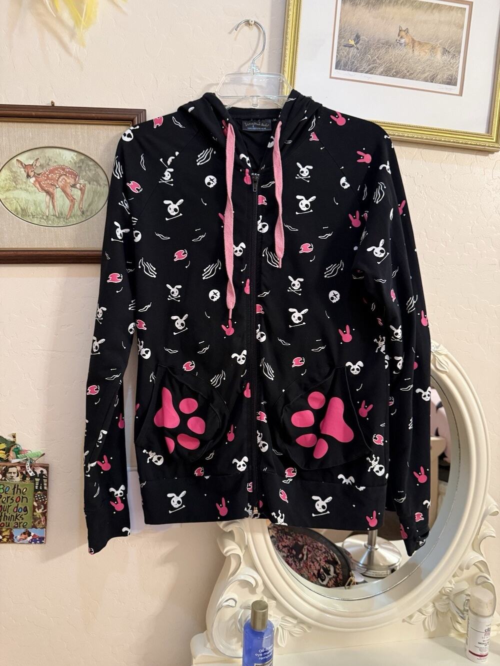 RARE Living Dead Souls Sz M Bunny Pink Paw Print Hoodie.